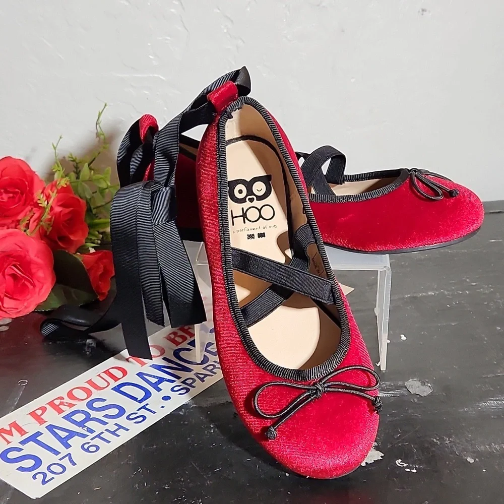 HOO Ted Velvet Ballerina Flats Bow Detachable Ribbon Tie Slip On Flats C…